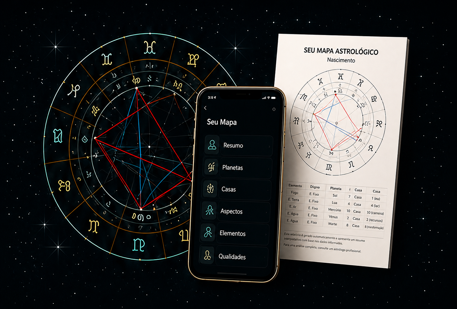 Mapa astrológico apresentado em roda zodiacal, aplicativo móvel e relatório em PDF